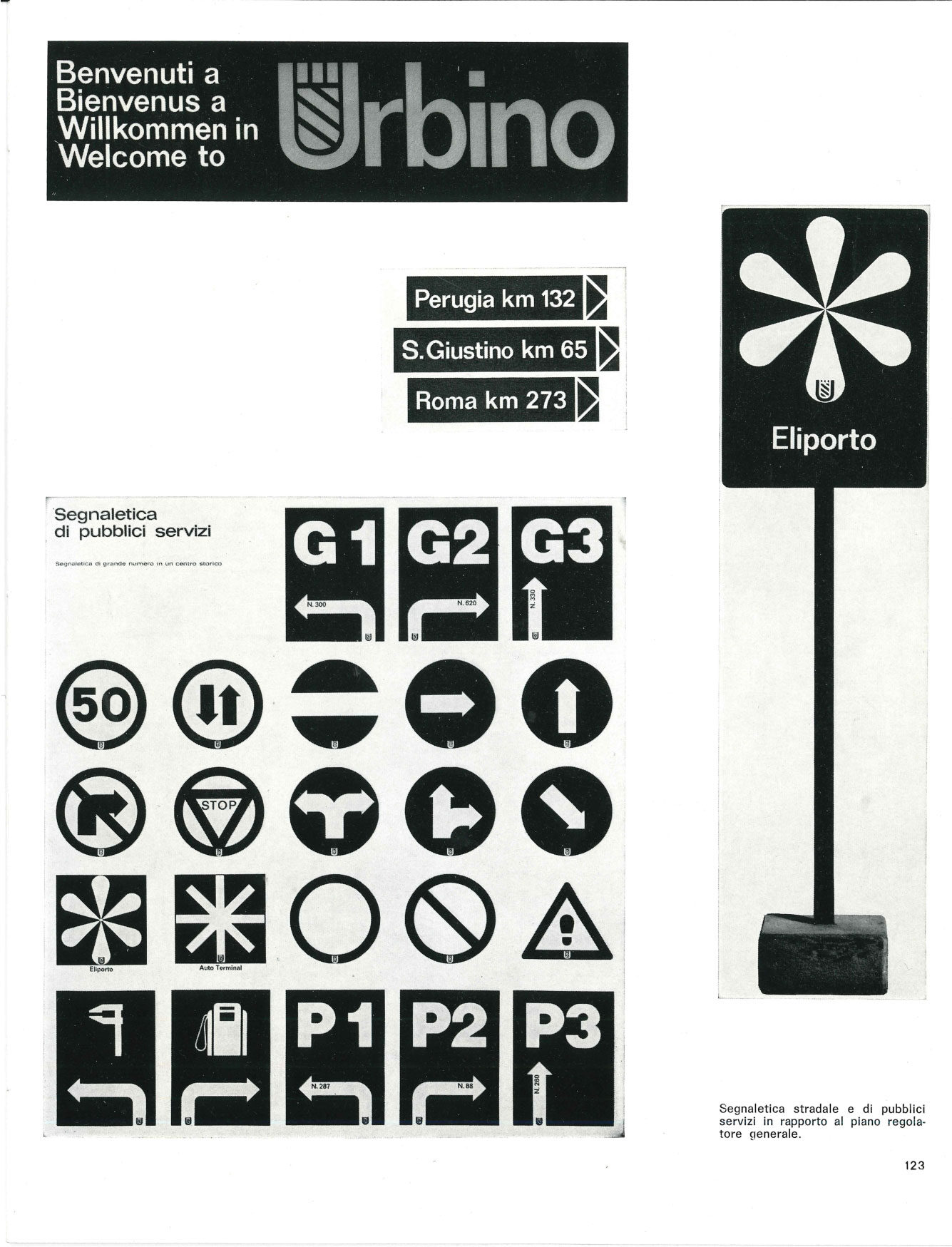 Segnaletica per la città di Urbino - Estratto da "Linea Grafica", Marzo-Aprile 1969, N.2 (gentile concessione di Studio Origoni Steiner). 